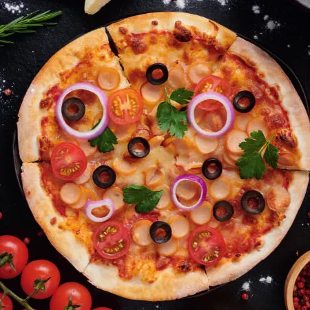 Pizza Soprano na blasze: salami, oliwki, czerwona cebula, pomidorki i natka pietruszki